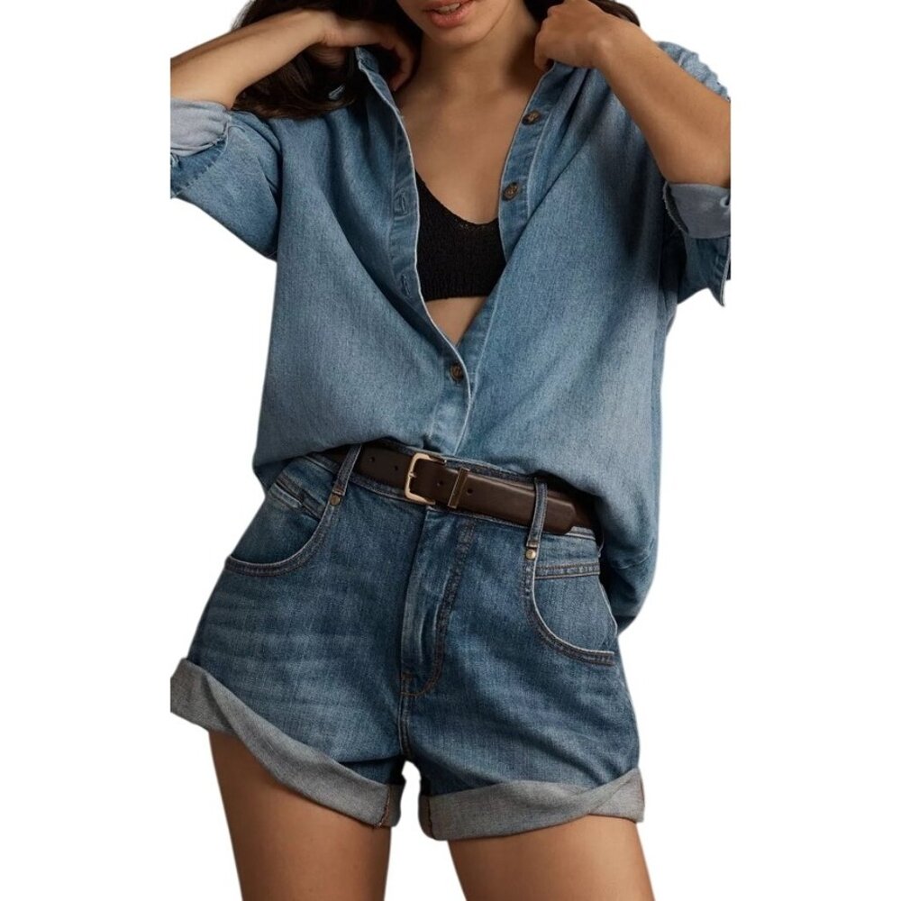 PILCRO Blue High-Waisted Jean Shorts with Frayed Hem